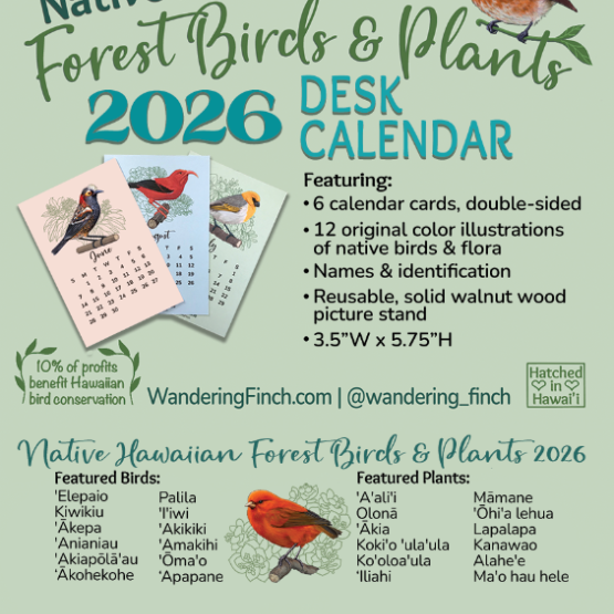 2026 desk calendar label with a Hawaiian bird illustrations and info on product and box contents