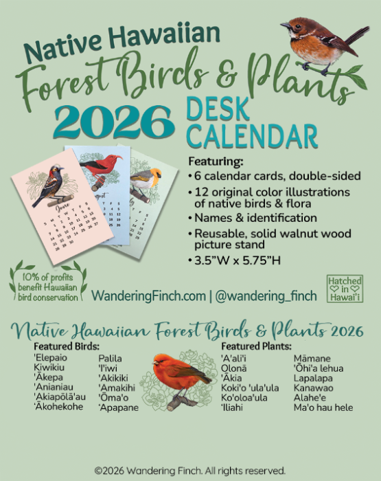 2026 desk calendar label with a Hawaiian bird illustrations and info on product and box contents