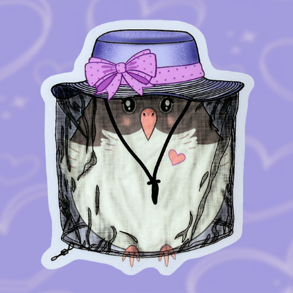 Sticker with a cartoon 'akikiki who is very fluffy and round wearing a purple hat with a bow and mosquito netting.