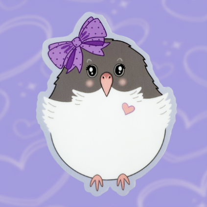Sticker with a cartoon 'akikiki who is very fluffy and round wearing a purple bow 
