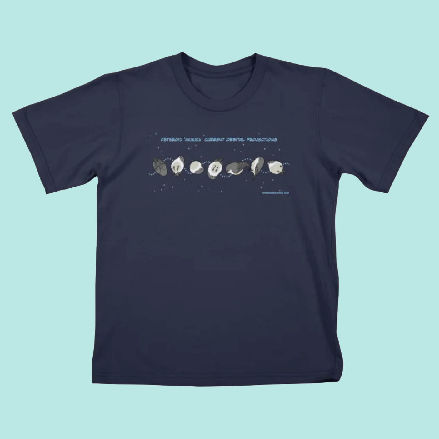 Navy blue t-shirt with a cartoon design of a little round bird rolling through outer space like an asteroid.