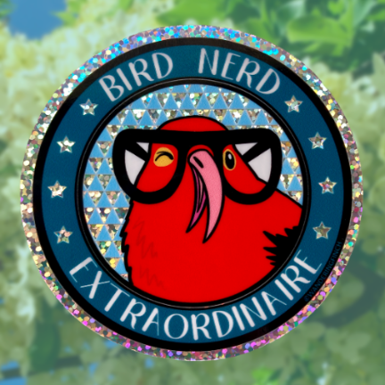 Glitter sticker with cartoon illustration of a winking native Hawaiian ‘i’iwi (iiwi, scarlet honeycreeper) bird wearing glasses with text that reads 'Bird Nerd Extraordinaire.'