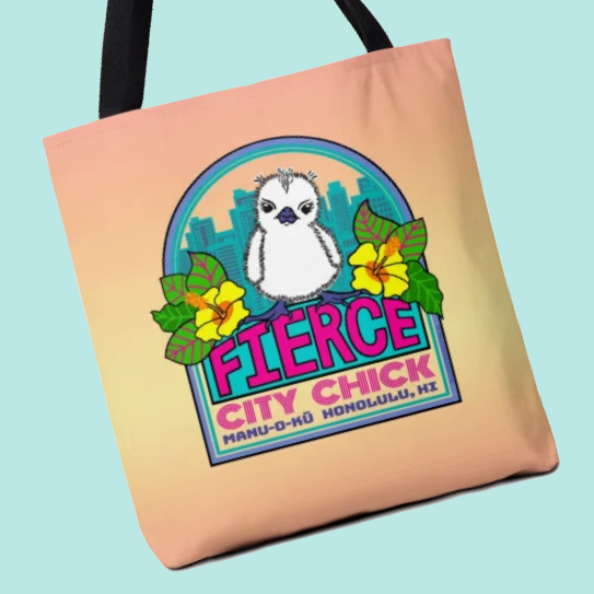 Tote bag with 'Fierce City Chick' design featuring a bird and flowers on a light peach background