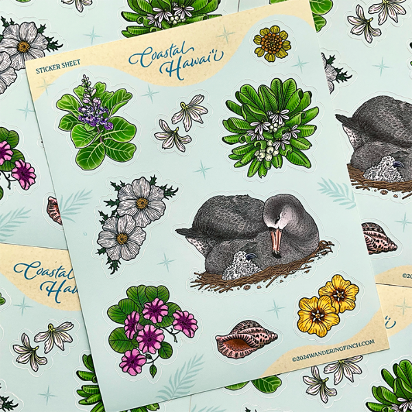 Sticker sheet featuring Coastal Hawai‘i wildlife including albatross, plants, flowers, and seashell.
