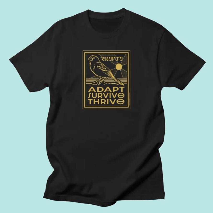 Black t-shirt with gold finch, sun, and ocean graphic and text that reads 'Adapt, Survive, Thrive'
