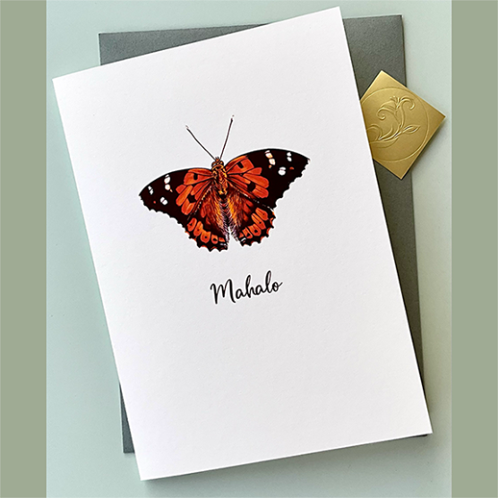 Greeting card with a Kamehameha butterfly illustration and 'Mahalo' text on a white background