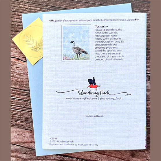 Back of greeting card with a Hawaiian nene goose illustration and information, plus envelope and seal sticker.