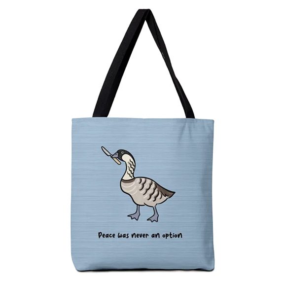 Tote bag with a humorous cartoon illustration of a Hawaiian nene goose holding a butter knife in its beak.
