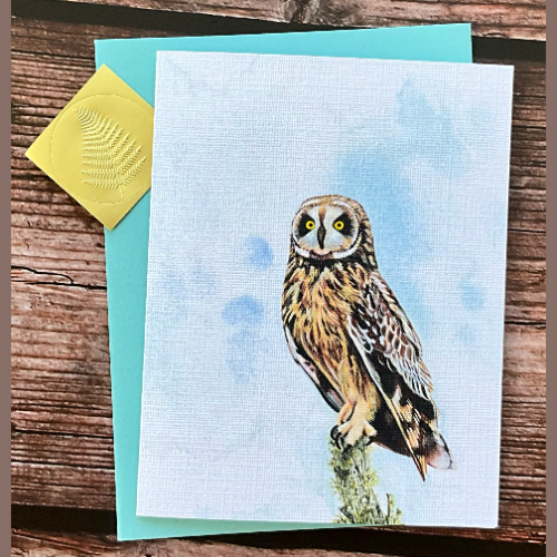 Greeting card with a Hawaiian pueo owl watercolor  illustration on a blue sky background, plus envelope and sticker seal.