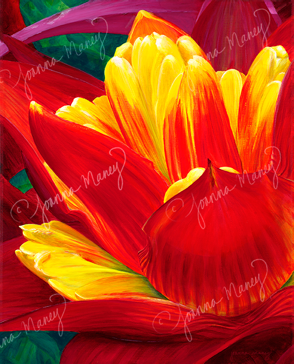 A painting of a bright red and yellow flower