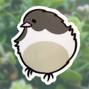 Sticker illustration of a cartoon very round 'akikiki, a Hawaiian honeycreeper from Kaua'i