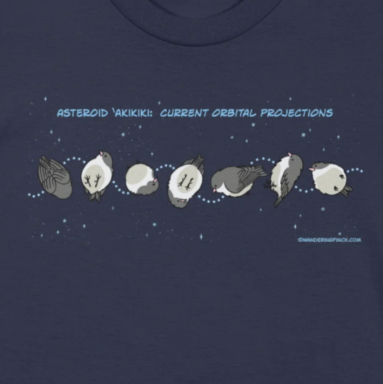 Navy blue t-shirt close up of cartoon design with a little round bird rolling through outer space like an asteroid.