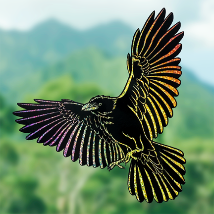 Rainbow glitter sticker with a cartoon depiction of a flying native Hawaiian ‘alalā, (alala), or Hawaiian crow.