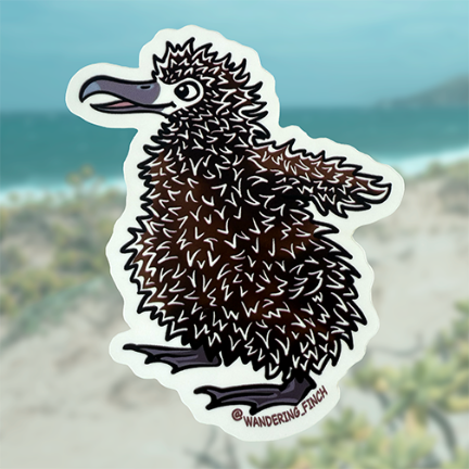 Sticker of a cartoon mōlī chick (layman albatross) leaning into the wind and testing wings in Hawai‘i.