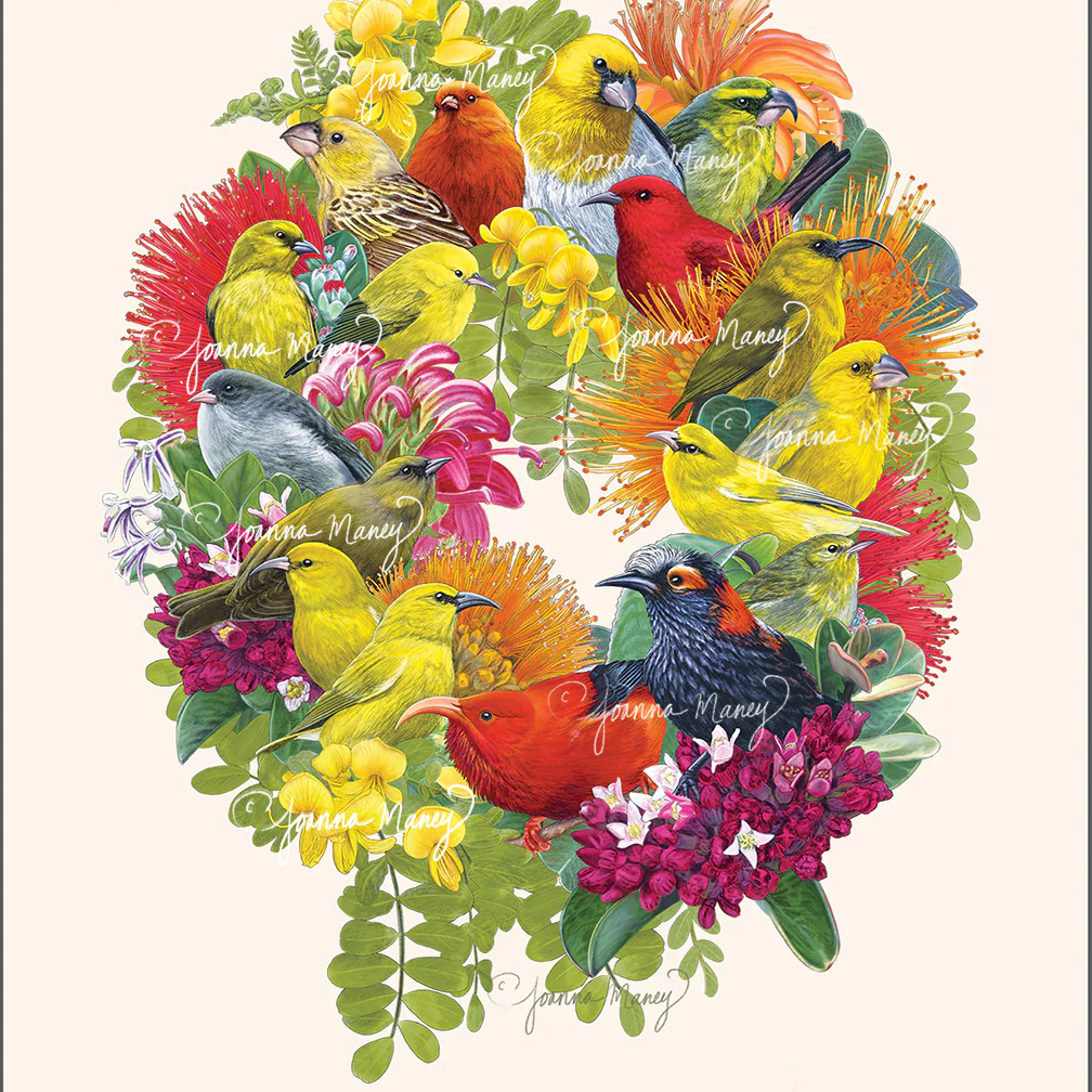 An original illustration of all 17 remaining Hawaiian honeycreeper birds arranged together in a wreath formation of native plants and flowers.