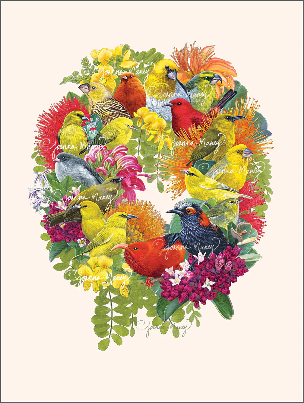 An original illustration of all 17 remaining Hawaiian honeycreeper birds arranged together in a wreath formation of native plants and flowers.