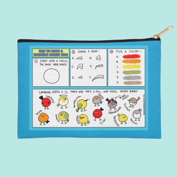A small zip pouch featuring a cartoon illustration of round Hawaiian forest birds with a step by step guide for how to draw them.