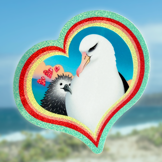 Snuggling mother and baby chick mōlī (Laysan albatross) glitter sticker illustration with rainbow heart edging.