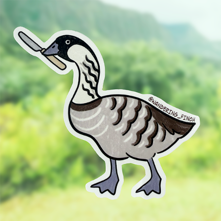 Cartoon nene (native Hawaiian goose) sticker holding a knife.