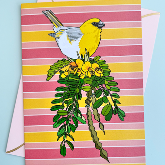 Greeting card with a yellow Hawaiian honeycreeper, palila and floral mamane design on a striped pink and yellow background