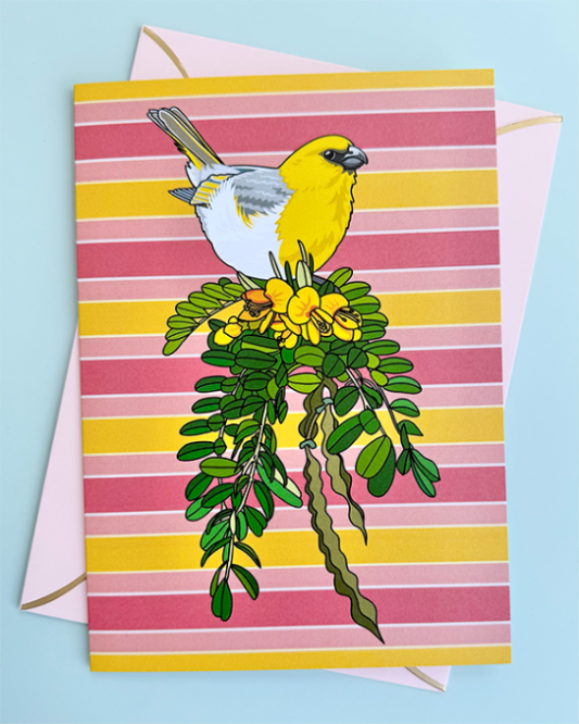 Greeting card with a yellow Hawaiian honeycreeper, palila and floral mamane design on a striped pink and yellow background