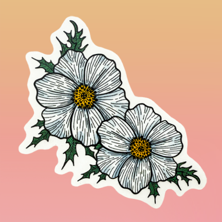A sticker with an illustration of a native Hawaiian coastal flower called puakala.