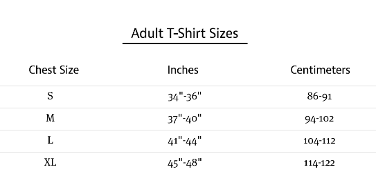 Table of adult t-shirt sizes in inches and centimeters