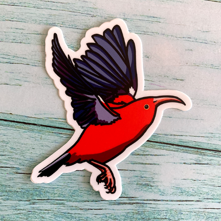Sticker of a native Hawaiian ‘i’iwi (iiwi, scarlet honeycreeper) bird flying, red and black bird with long beak.
