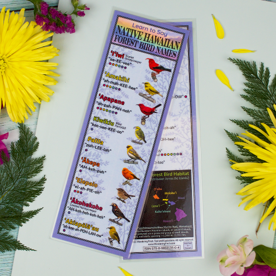 A bookmark field guide featuring native Hawaiian forest birds with pronunciation and location information.