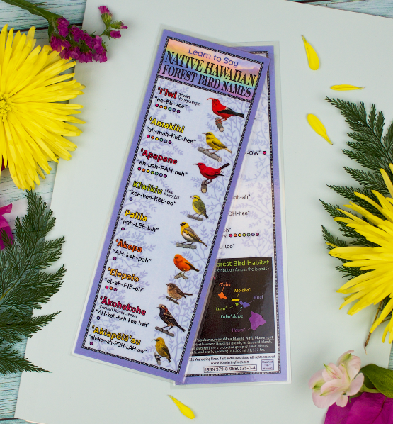 A bookmark field guide featuring native Hawaiian forest birds with pronunciation and location information.